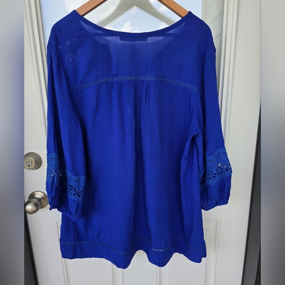 Solitaire Eyelet Tunic Lace Top 1X Plus Blue Women's 3/4 Sleeve - Picture 15 of 16